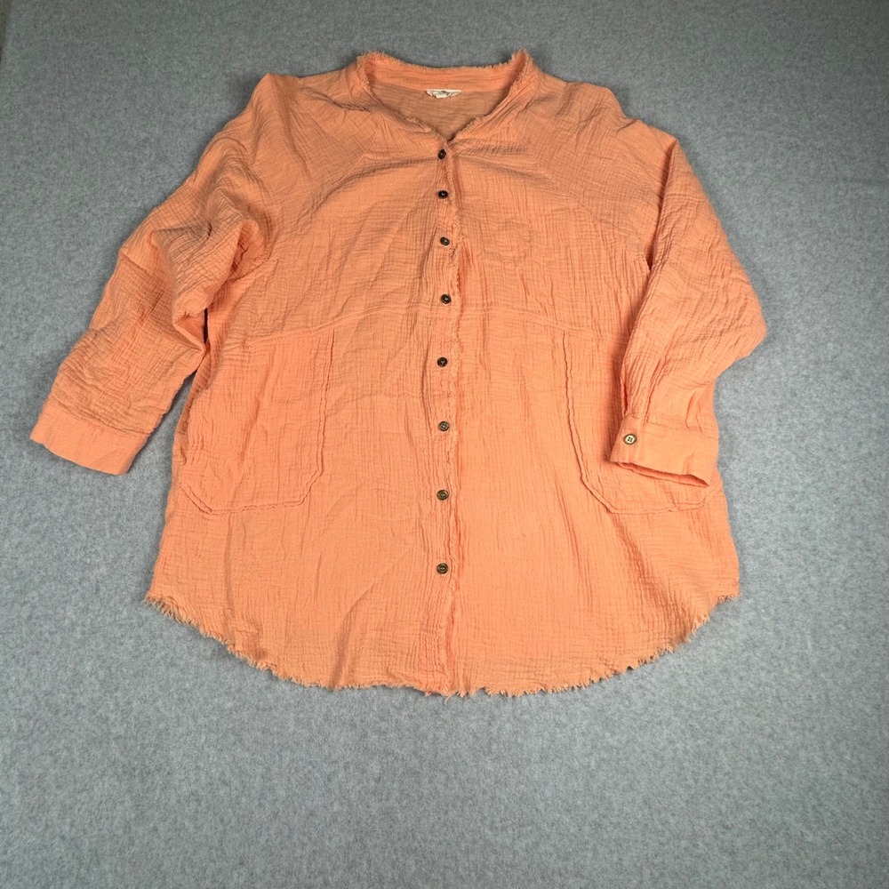 Entro Peach Orange Cotton Gauze Raw Hem Button Down Pocket Top Large T16639